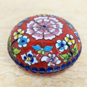 Vintage Cloisonne Round Metal Trinket Box Red With Floral Butterfly Details
